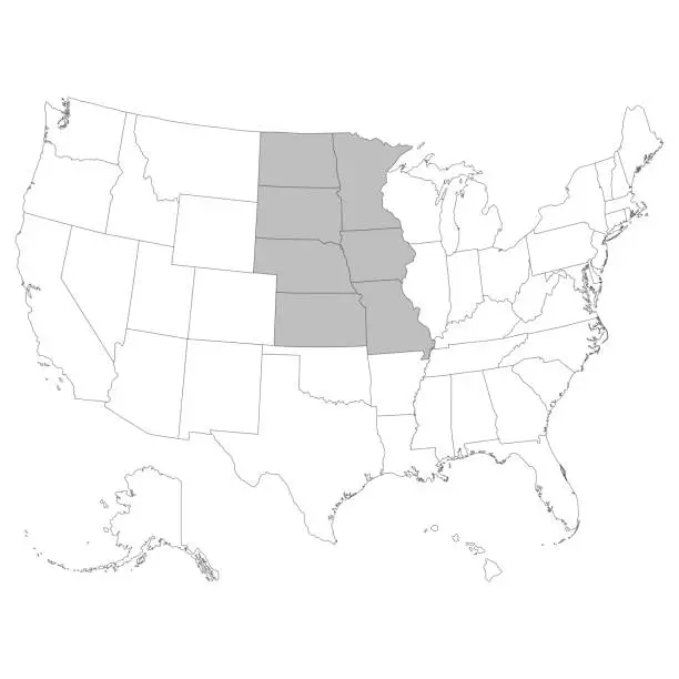 Vector illustration of USA states West North Central regions map.