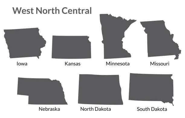 Vector illustration of USA states West North Central regions map.