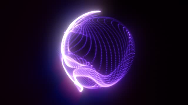 Black background, neon sphere at center rotates, changing shape. Amorphous glowing ultraviolet sphere. Neon, purple glowing circle on black backdrop. Luminous ultraviolet sphere with undefined shape