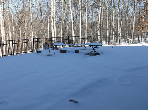 Pick neck furniture covered in snow.