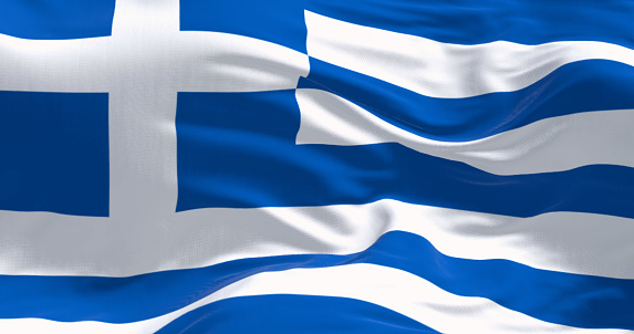 Close-up of national flag of Greece waving in the wind. Blue and white stripes with a blue canton bearing a white cross. 3d illustration render. Fluttering fabric