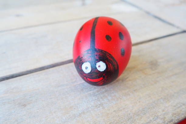 istock Easter egg painted red, white and black with a cheerful face of ladybug. Boiled chicken dyed egg with red shell. White wooden table background. Big eyes on fun face. Copy space. Black dots on wings. 1971321557