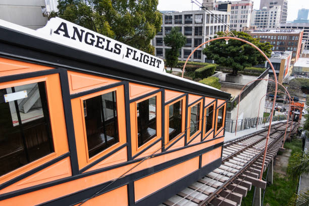 Los Angeles, California, USA - January 14, 2024:  View of historic Angels flight and Hill Street in downtown L.A.
