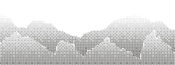 Vector illustration of Halftone gray mountain landscape with two rows of mountain range drawn with a dotted gradient