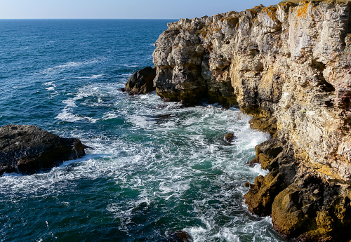 Seascape on the Black Sea, Vysoky Steep stone coast with inaccessible rocks near the village of Tyulenovo, Bulgaria