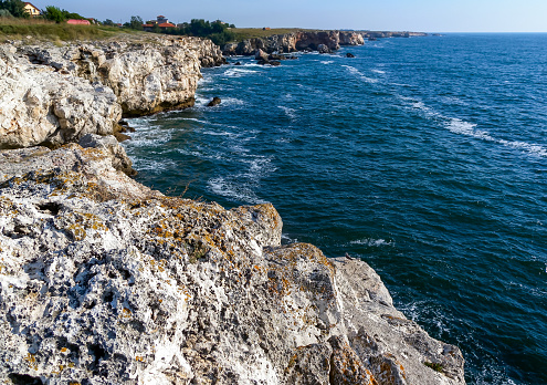 Seascape on the Black Sea, Vysoky Steep stone coast with inaccessible rocks near the village of Tyulenovo, Bulgaria