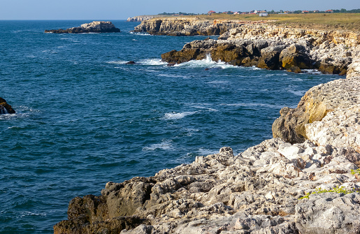 Seascape on the Black Sea, Vysoky Steep stone coast with inaccessible rocks near the village of Tyulenovo, Bulgaria