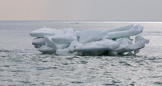 The Black Sea near Odessa froze, blocks of ice and ice floes after the ice field melted