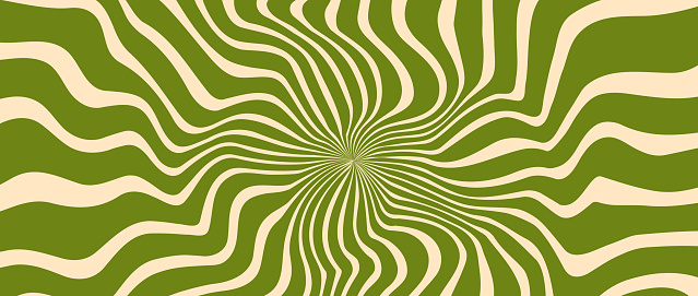 Trippy burst lines background. Psychedelic wavy stripes wallpaper. Green groovy twisted sunburst swirl. Distorted curly wave texture design for poster, banner, flyer, cover, print. Vector backdrop