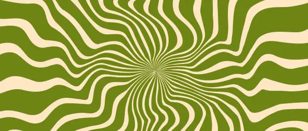 Vector illustration of Trippy burst lines background. Psychedelic wavy stripes wallpaper. Green groovy twisted sunburst swirl. Distorted curly wave texture design for poster, banner, flyer, cover, print. Vector backdrop