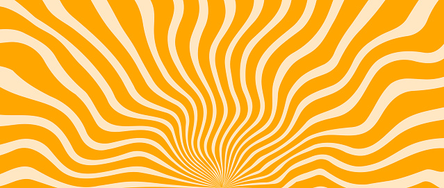 Orange yellow trippy burst line background. Psychedelic wave stripe wallpaper. Groovy twisted sunburst swirl. Distorted curly wave texture design for poster, banner, flyer, cover. Vector backdrop