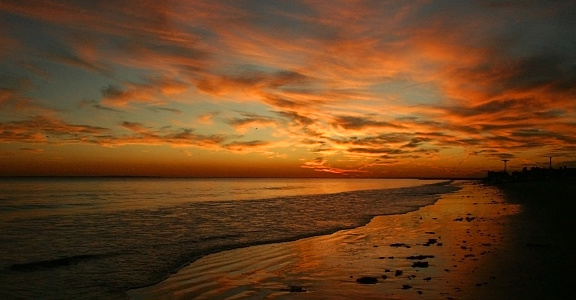 Red sunset over Brighton Beach, New York, USA