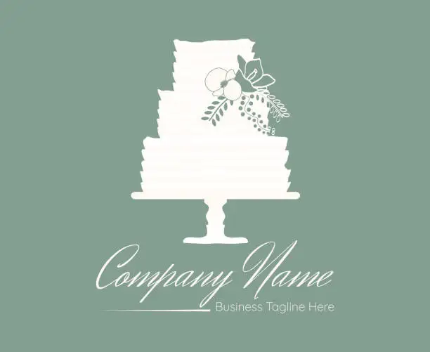 Vector illustration of Elegant White Cake Bakery Logo in Luxury Style on Light Green Background