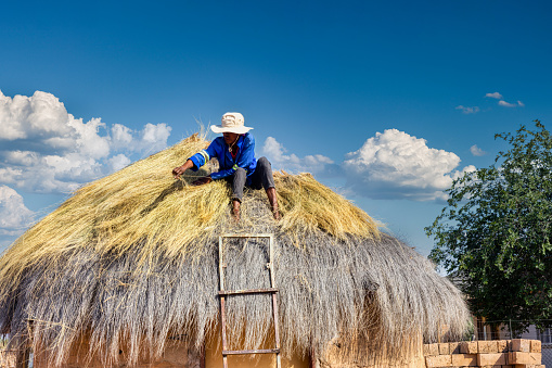 african woman climbed to repair a thatched roof  on her hut