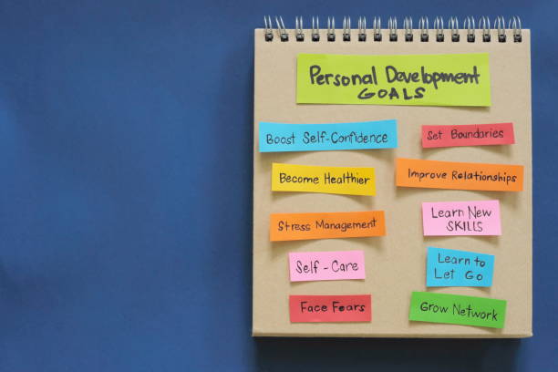 istock Personal and character development goals concept. Checklist of goals in note pad in blue background with copy space. 1971404424