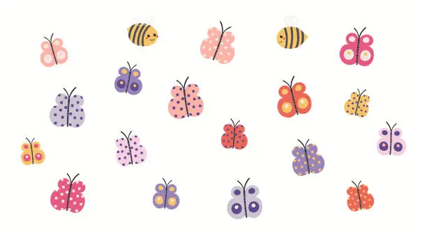 Vector illustration of Cute butterflies, bees insects collection