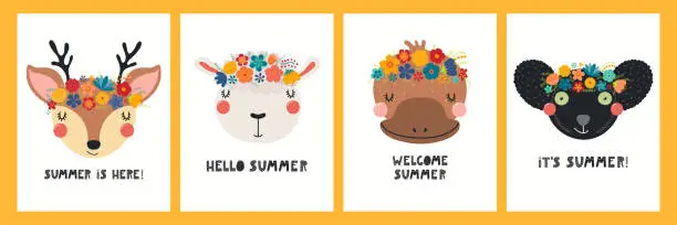 Vector illustration of Cute funny animal faces in flower crowns cards set