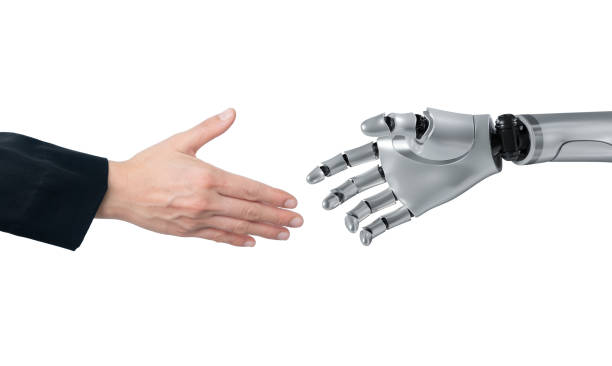 istock Ai hand with human hand trying to making handshake to each others isolated on white background. 1971459862