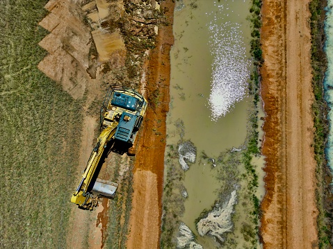 Aerial view of a excavator Cleaning a channel