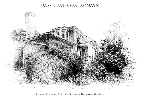 Berkeley, a home belonging to generations of Harrisons in Lower Brandon, Virginia, United States. Illustration engraving published 1896. Copyright expired; artwork is in Public Domain.