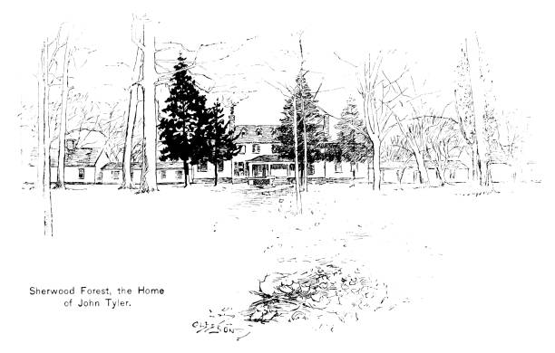 illustrations, cliparts, dessins animés et icônes de maison de la forêt de sherwood appartenant aux présidents américains william henry harrison et john tyler dans le comté de charles city, virginie, histoire américaine, architecture - john tyler