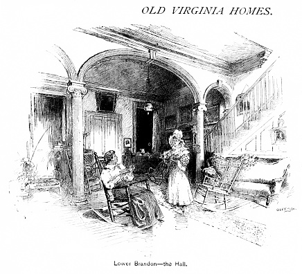 The Great Hall of Berkeley, a home belonging to generations of Harrisons in Lower Brandon, Virginia, United States. Illustration engraving published 1896. Copyright expired; artwork is in Public Domain.