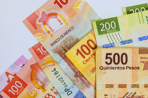 Different Mexican money currency 500, 200, 50, 20 pesos MXN banknotes bills