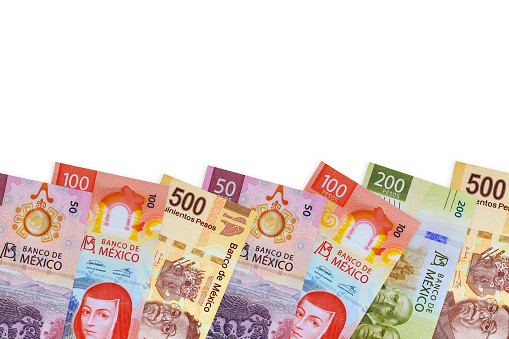 Various denominations of Mexican money, such as 500, 200, 100, 50, 20 peso national cash