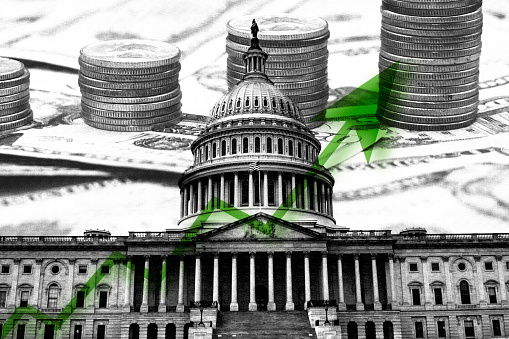 Insider trading in Washington, DC concept with the US capitol and stacks of money with a stock arrow overlay