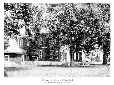 Tobacco plantation since 1730, the Westover house, owned by the William Byrd family in  Charles City County, Virginia, USA.,  Photograph  engraving published 1896. Copyright expired; artwork is in Public Domain.