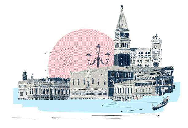 Contemporary artwork. Creative design in retro style. Color image if beautiful buildings in Venice. Vintage town. Concept of creativity, surrealism, imagination, futuristic landscape. Poster