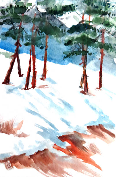 istock sunny winter day in pine forest, watercolor painting 1971484392
