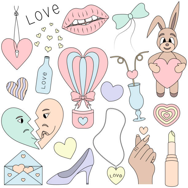 Valentine's day. Set of color illustrations. Cartoon style. Balloon, love, bunny, heart, lips. Valentine's day. Set of color vector illustrations. Cartoon style. Love collection. Balloon, love, bunny, heart, lips. A group of cute images. Isolated background. Ideas for web design. broken lipstick stock illustrations