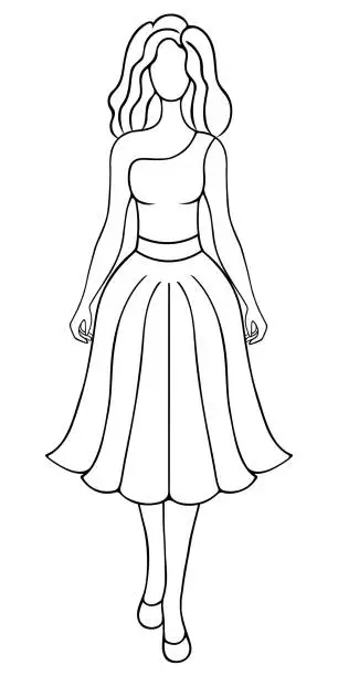 Vector illustration of A young lady parades in a magnificent evening dress. Sketch. Girl with wavy hair.