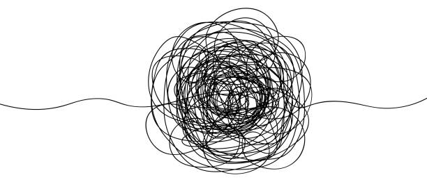 istock Chaos of tangled scribbles. A round black ball of curls with a beginning and an end. Sketch. 1971484406