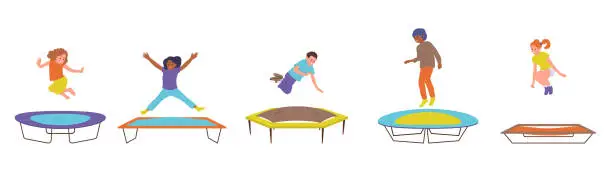 Vector illustration of Energetic children cartoon character jumping trampoline having leisure fun doing acrobatic tricks