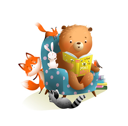Cute bear reading or studying a book with animals, fox bunny squirrel and raccoon are listening to a story. Storytelling animal cartoon for kids education. Vector clipart illustration for children.