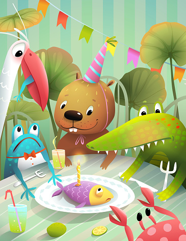 Comic animals birthday party at home. Beaver frog and a bird celebrating. Funny celebration scene for kids invitation or greeting card cartoon. Vector illustration for children.
