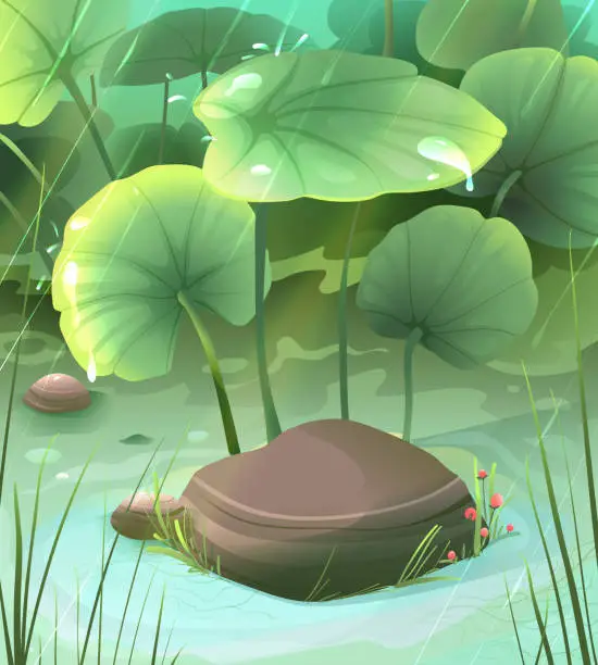 Vector illustration of Pond or Swamp Nature Fairytale Scenery Wallpaper