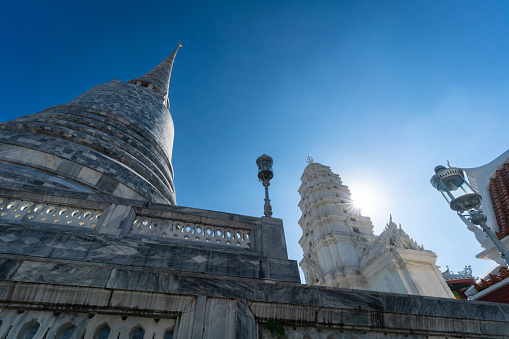 Bangkok, Thailand - Dec 5, 2023: Low angle view of Wat Rajapradit Sathitmahasimarama temple in Bangkok, Thailand.