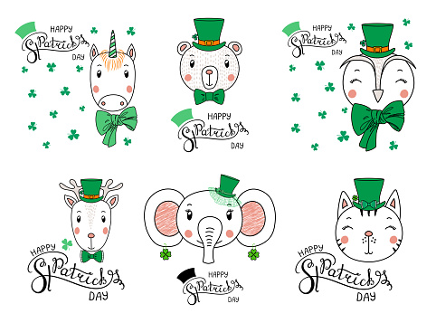 Set of hand drawn portraits of cute funny animals in leprechaun top hats, with text Happy Saint Patrick s day. Isolated objects. Vector illustration. Design concept for children, celebration.