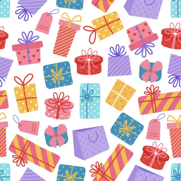 Vector illustration of Gift boxes seamless vector pattern. Colorful presents with ribbon, bow. Containers with stripes, polka dots. Surprise for a party, birthday, anniversary. Wrapped holiday prizes. Cartoon background