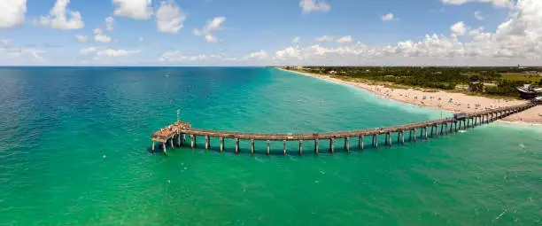 Photo of Idyllic summer day over sandy beach at Venice fishing pier in Florida. Summer seascape with surf waves crashing on sea shore