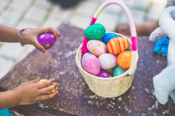 Girls dressed for Easter at an egg hunt