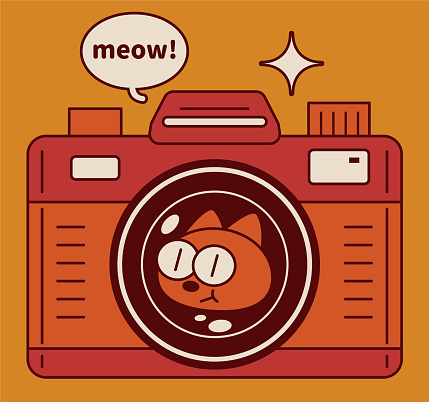 Unique and Creative Character Designs Vector Art Illustration.
A quirky and cute kitten is reflected in the camera lens.