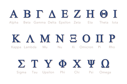 Greek alphabet letters or symbols with names in vector set