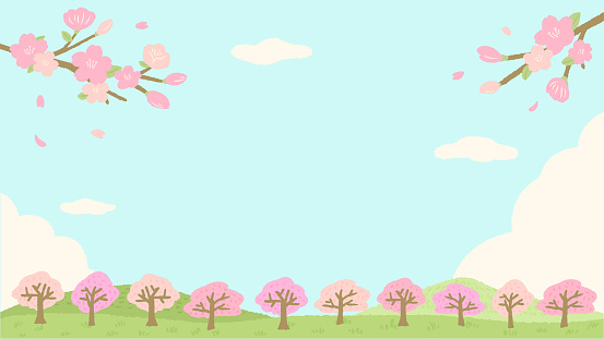 Spring-inspired landscape background frame of cherry blossoms and cherry blossom trees, cute simple hand-drawn illustration