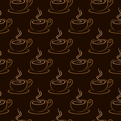 Vector seamless pattern of a swirl style cup of coffee with steam on a black background.