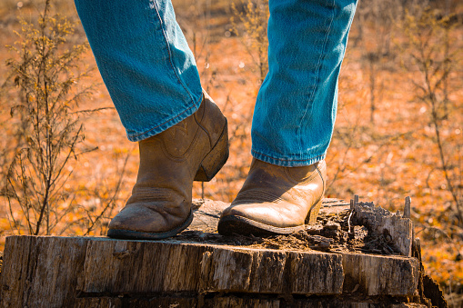 Feet if a cowgirl wearing cowboy boots