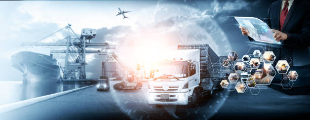 istock World map with logistic network distribution on background. Logistic and transport concept in front Logistics Industrial Container Cargo freight ship for Concept of fast or instant shipping, Online goods orders worldwide 1971760002